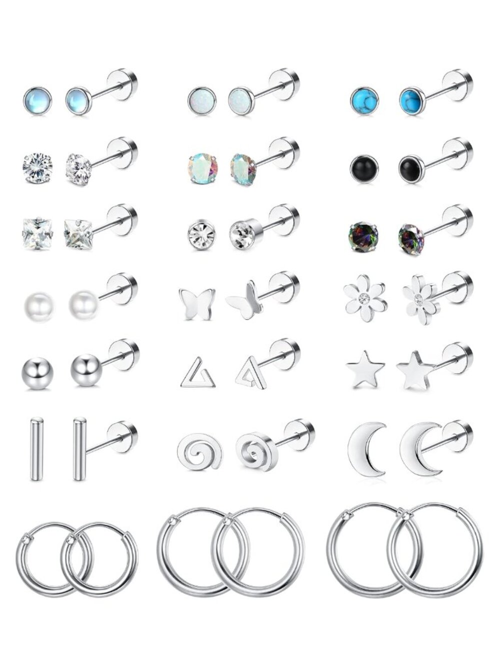 316L Surgical Steel Flat Back Stud Earrings Hypoallergenic Set